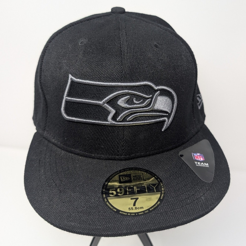 NWT New‎ Era Size 7 Blackout Seattle Seahawks 59Fifty NFL Fitted Hat Wool Blend
